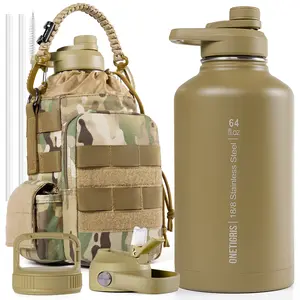 OneTigris 64 oz Insulated Stainless Steel Water Bottle with Carry Pouch 3 Interchangeable Lids Perfect Gift for Dad Mom Vacuum Flask Drinkware 24H Hot 48H Cold Leak Proof
