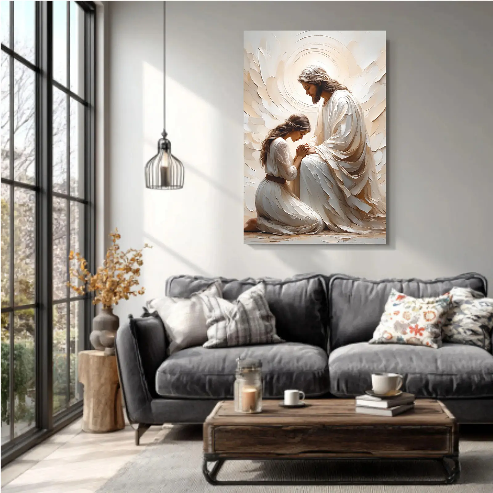 Serene Christian Jesus & Praying Believer Interaction Frameless Wall Art, Desk Decoration, Home Supplies for Indoor Living Room, Portable Spiritual Faith Ornaments, Art Deco
