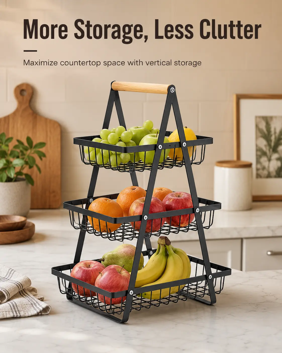 2-Tier or 3-Tier Metal Wire Fruit Basket with Wooden Handle, Space-Saving Countertop Organizer for Kitchen, Pantry, Vegetables, Bread and Snacks