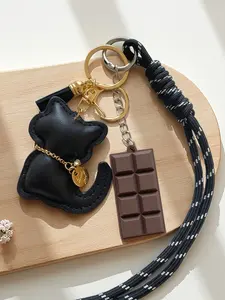 Cat Chocolate Bag Charm, Keychain For Bags Kawaii, Three-Dimensional Cat+Simulated Chocolate Shape Niche Retro Style Sweet And Cool Personality Exquisite And Cute For Bag Key Earphone Box A Must-Have For Delicate Girls Gifts