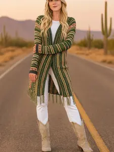 Vibrant Southwestern-inspired Geometric Boho Fringe Hooded Cardigan Casual Jumper Long Sleeve