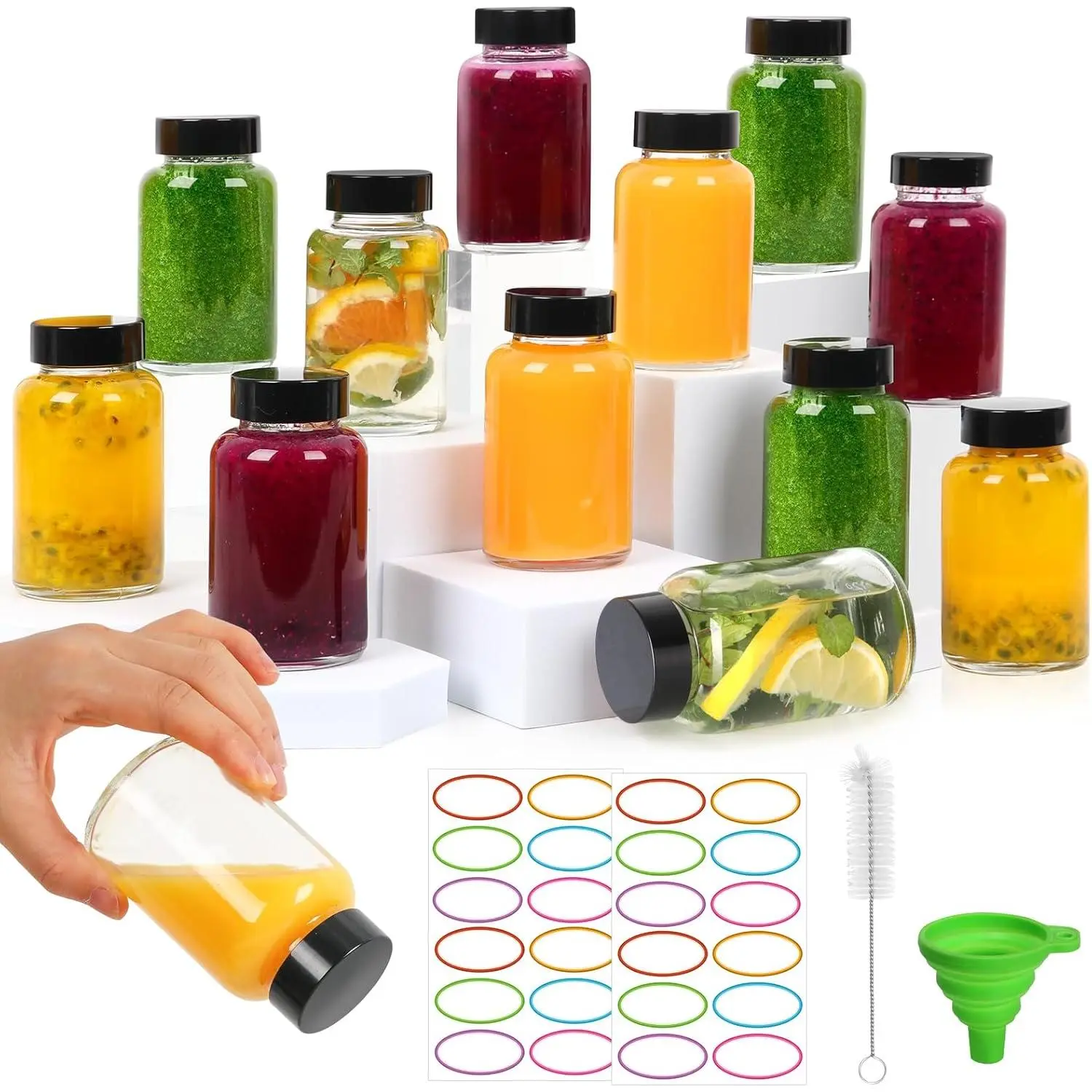 16-Pack Leak-Proof Glass Juice Shot Bottles Set (4 fl oz Each) with Lids & Caps, Portable Wellness Ginger Shot Containers for Home, Festive Party Supplies, 4 Fluid Ounces