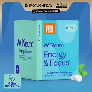 Neuro Energy Caffeine Mints - Sugar-Free Nootropic Mints for Energy & Focus with L-theanine, Caffeine, Vitamin B12 & Vitamin B6 - Peppermint Flavor