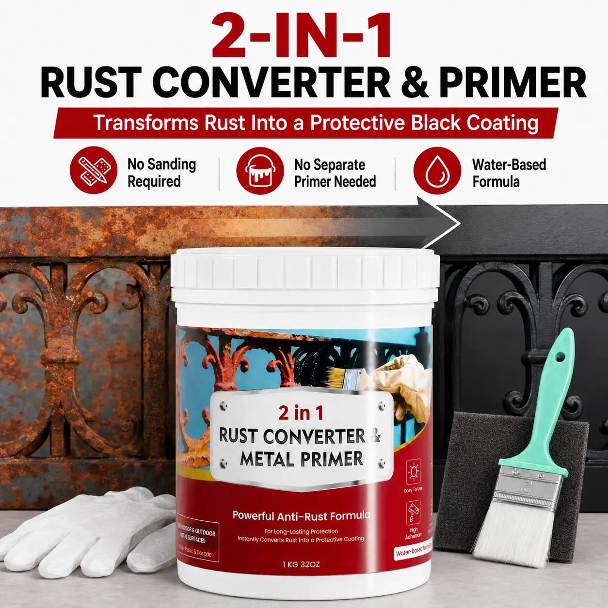 Anti-Rust Converter & Metal Primer, Water-Based Low VOC Easy-Apply Rust Removal Product, UV & Heat Resistant Durable Coating (Indoor/Outdoor Use, Black)