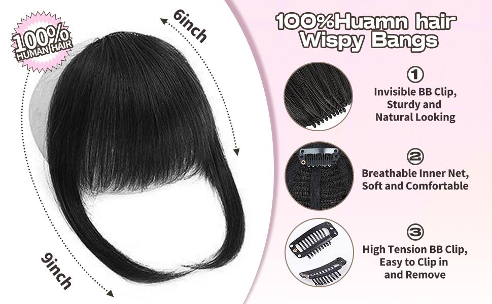 Human Hair Clip in Bangs - Volumizing & Length-Enhancing Fake Bangs, 6Inch Straight Style with Sideburns, Easy to Dye/Style/Trim, Breathable Net for All Face Shapes