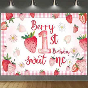 1pc 2D Flat Strawberry-themed Birthday Backdrop - Pink "berry 1st Birthday" Decor Strawberries & Flowers, Sweet One Supplies Youngsters' Celebrations, Inches, Polyester