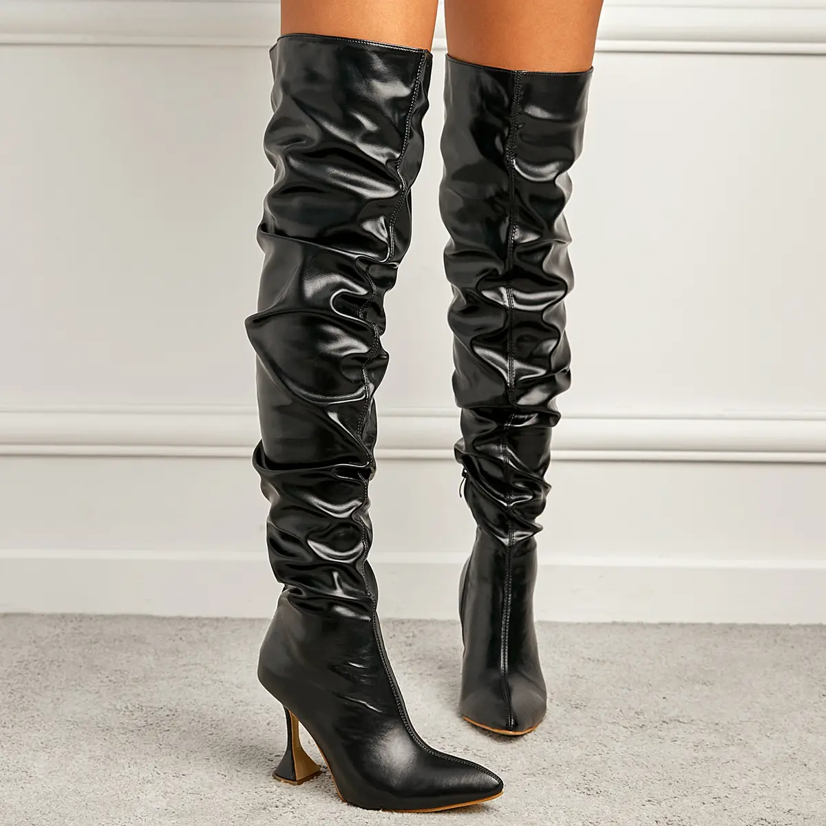 Viral Slouch Ruched Thigh High Boots Women Glossy Faux Leather Pointed Stiletto Heel Over The Knee Boots Side Zipper Club Party Tall Boots