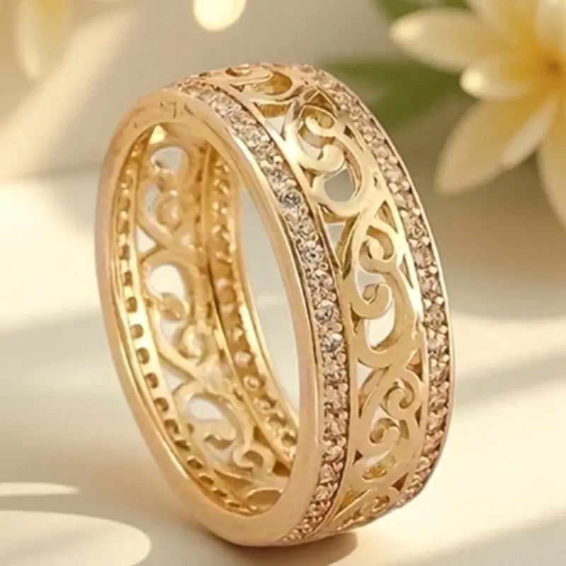Women's Premium Eternal Stackable Gold Plated Ring - Delicate Patterns, Birthstone Anniversary Design, Aesthetic Style, Rose Gold Option, Custom Ring Stack, Polished Look, Luxe Glow, Layered/Daily Wear for Engagement/Wedding Parties, Gold Rings