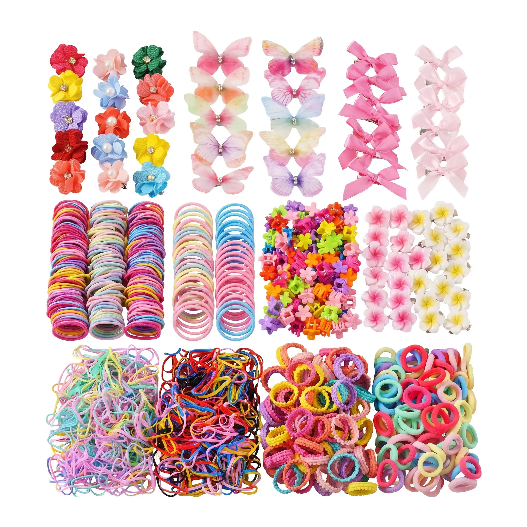 Kids' 748pcs Dopamine Colorful Cute Bowknot Hair Accessory Set - Rhinestone, Imitation Pearl, Flower, Butterfly Clips, Mini Flower Detail Clips, Minimalist Hair Hoops, Rubber, Year Round Use, Great Gift Choice