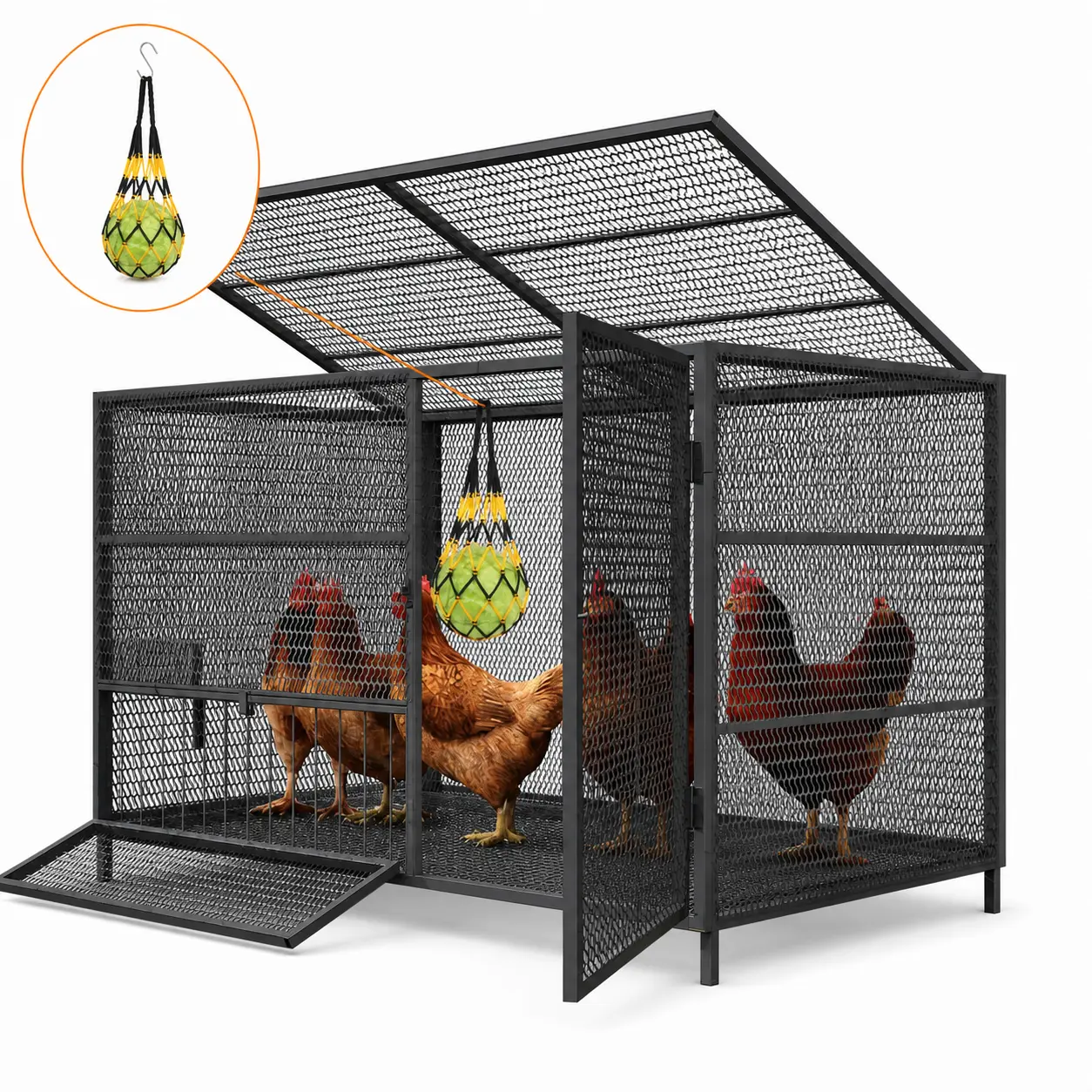 Large Metal Chicken Cage, 39.4 x 22.8 x 24.4 in Outdoor Poultry Enclosure with 180° Hinged Top, Full-Size Access Door, Front Feeding Door, Dense Steel Mesh & Hanging Vegetable Net, Black/Silver