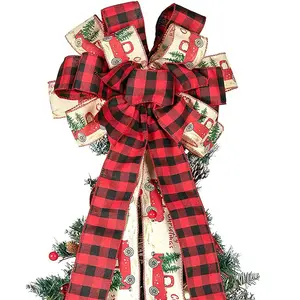 Plaid Pattern Christmas Tree Top Bowknot Decoration, 1 Count Large Xmas Tree Topper, Festive Decorations for Home Xmas Party