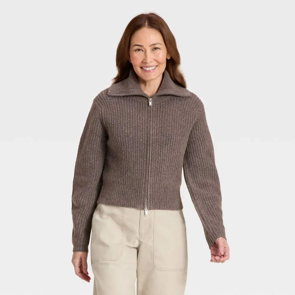 Women's Full-Zip Chic Cardigan - Polyester-Spandex-Viscose Blend Fabric, Ribbed Style Garment, Zipper Closure, Everyday Wear