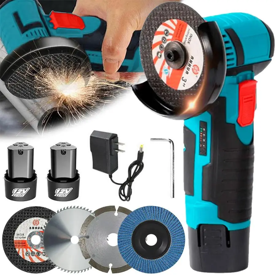 12V Cordless Mini Brushless Angle Grinder Kit with 4 Gutting Blades,2 pcs 12V 1500mAh Batteries 19500 RPM/Min,for Cutting Grinding Polishing Electric Heavy Duty Handle Power Tools,Blackfriday,Christmas Gift