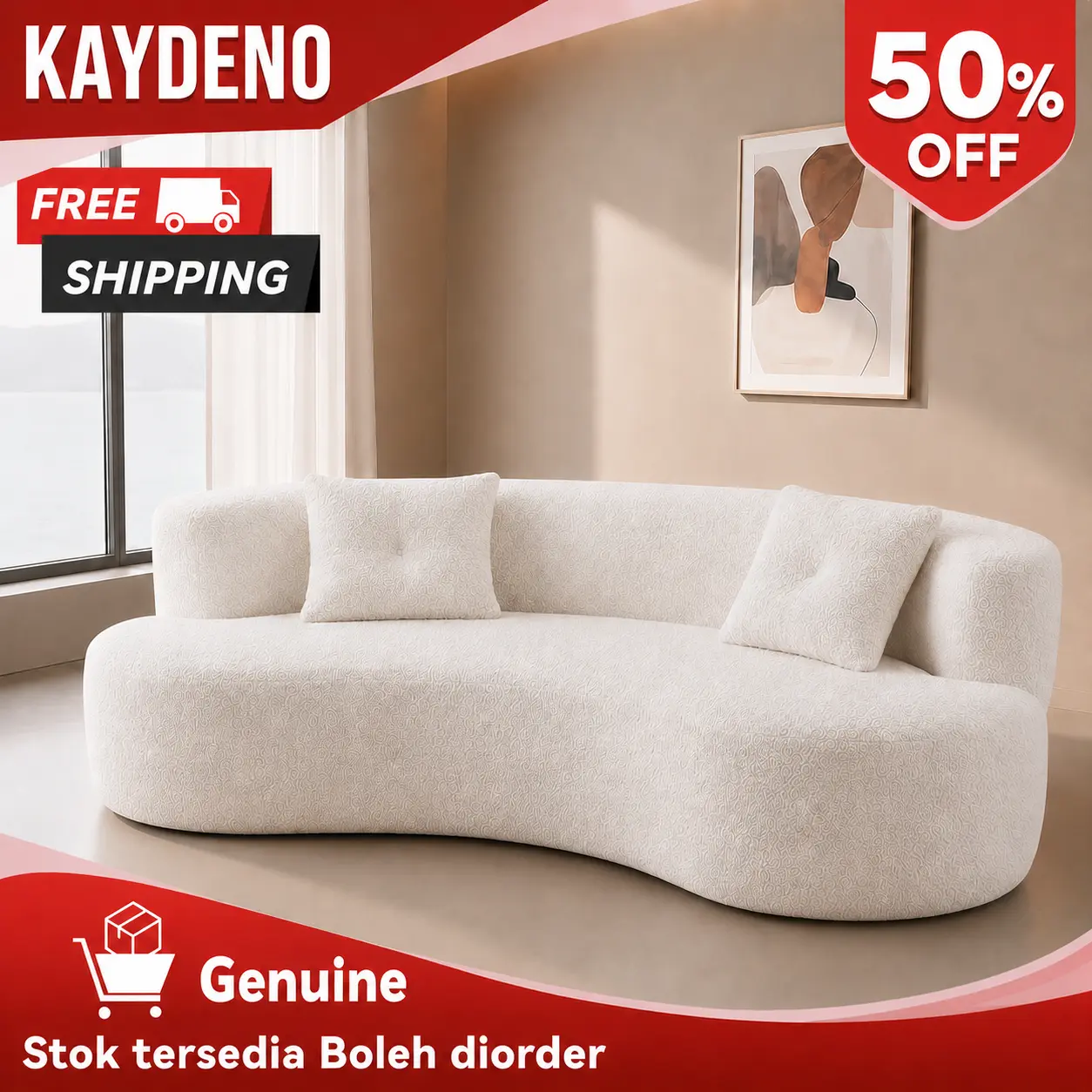 KAYDENO Curved Boneless Compressed Sofa, Boucle Cloud Couch with Deep Seat, Modern 3 Seater Sofa in a Box, Oversized No Assembly Couch for Living Room, Apartment & Bedroom