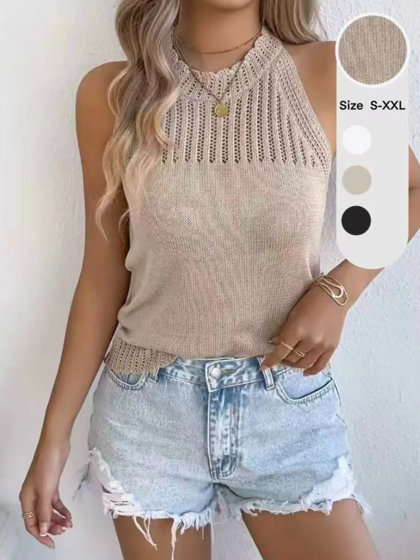 Women's Sleeveless Knit Sweater, Casual Basic Plain Design Minimalist Oversized Loose Fit, Summer & Spring Fashion, Hollow Out Round Neck, Elegant Thin Lightweight Top
