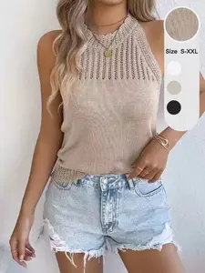 Women's Sleeveless Knit Sweater, Casual Plain Design Fit, Summer & Spring Fashion, Hollow Out Round Neck, Elegant Thin Lightweight Top