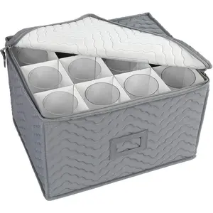 Stemware Storage Container - Deluxe Quilted Storage Case with Dividers for 12 -  Glasses, Champagne Flutes, Glassware, Drinkware Storage Box Chest, 15.5"x12.5"x 10", Gray