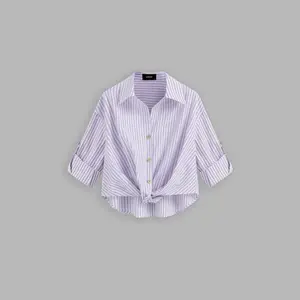 Cider [6 colors, size 0-26] Cotton-blend Collar Striped Knotted Roll-up Long Sleeve Shirt