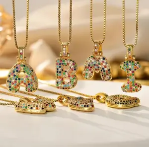 Summer Vibe Colorful Bubble Initial Letter Necklace 14K gold micro colorful zirconia dazzing sparkle silver unique daily fashion design early fall jewelry elegant stacking Ideas for women  holiday anniversary gifts Alphabet Detail Pendant Diy Pendants