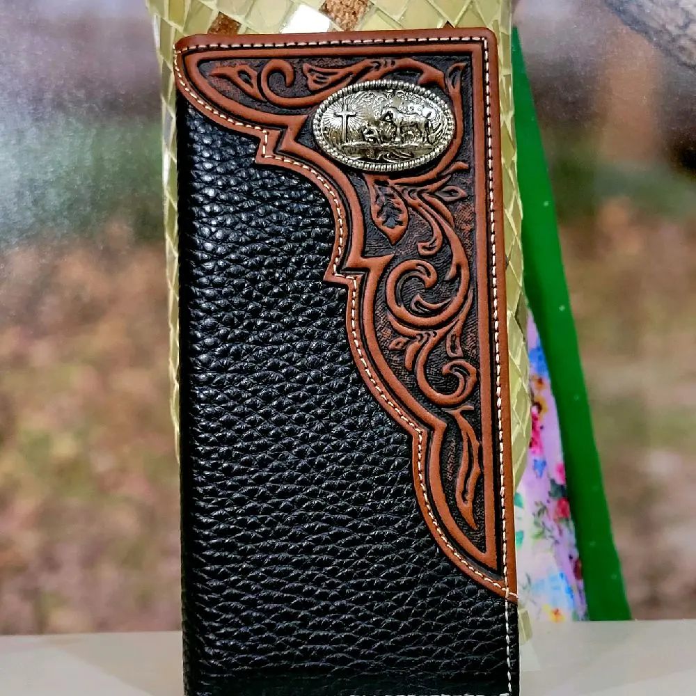 Praying Cowboy Western Genuine Leather Wallet Handtooled Bi-Fold 7 Inches Long with 13 Credit Card Slots, 4 Cash Compartments & Back Pocket black and  tan