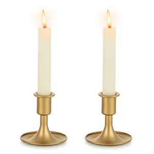 Gold Taper Candle Holder Set of 2, Hewory Short Skinny Brass Candlestick Holders, Vintage Small Low Metal Candles Sticks for Wedding Centerpieces Christmas Birthday Party Holiday Dinning Table Decor