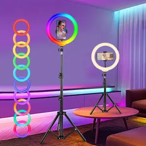 12-inch RGB Ring Light With 43.3 Inch Stand And Phone Stand, 38-color Mode Selfie Ring Light With Tripod, Dimming/speed LED Video Light, USB-powered light gimbal stabilizer dimming level ring  light  upgrade flexible tripod stand#springbreak