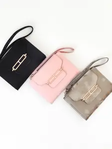 New PU Leather Short Women's Wallet Purse, High-End Two-Fold Bifold Mini Wrist Bag, Simple Card Holder, Silver Color Strap Wallet