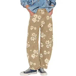 Women Y2k Distressed Barrel Jeans Baggy Wide Leg Jeans Floral Printed Boyfriend Patchwork Denim Pants