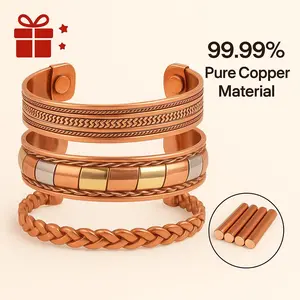 Handmade 3-Piece Copper Bracelet Set – Adjustable Unisex Cuff Bangles with Mixed-Metal Braided(e.g. Brass, Iron Wire and Decorative Detailing)Design