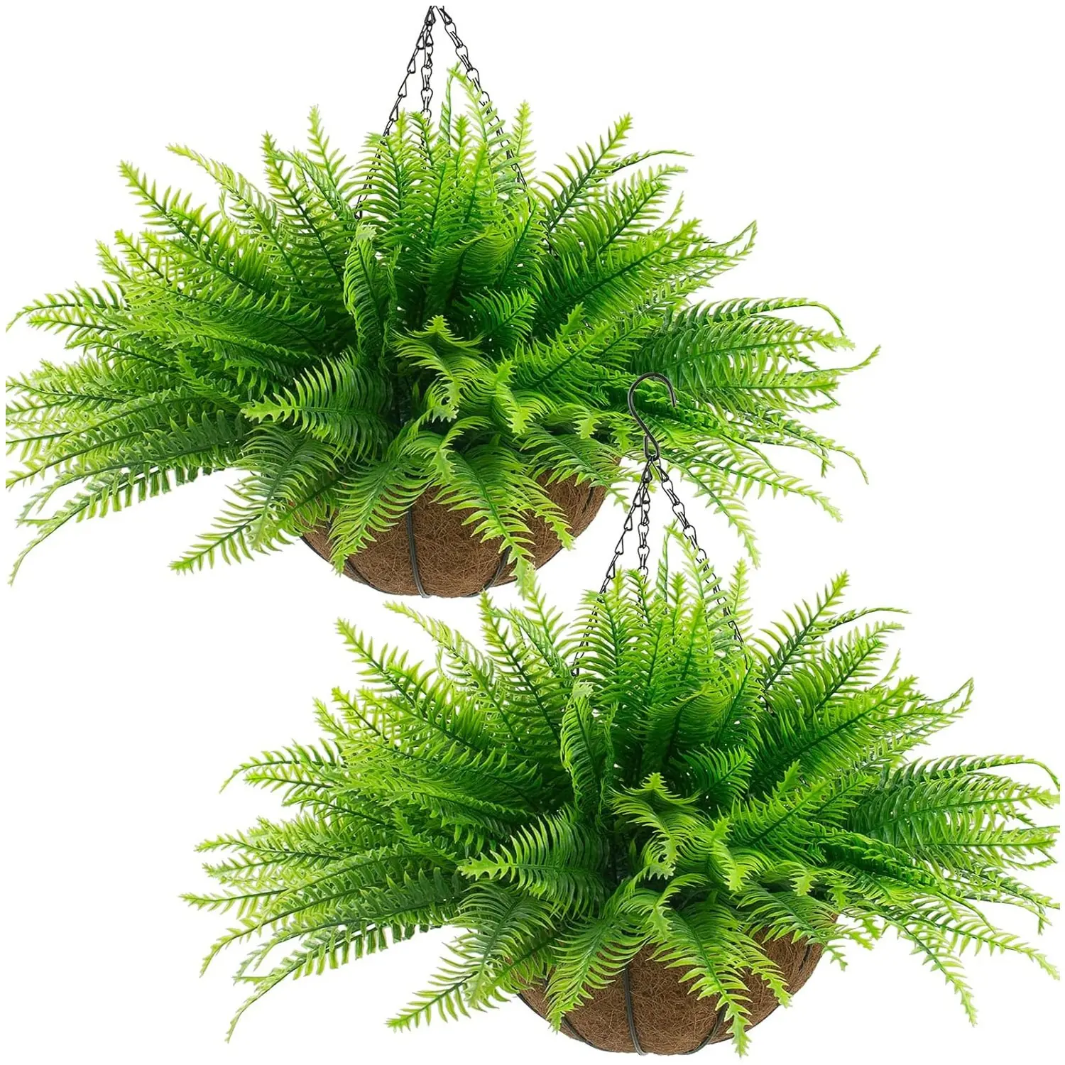 Fake fern plant basket, 2 artificial hanging plants, 2 hanging flower pots, with 24 leaves, suitable for indoor and outdoor decoration of front porch, garden, balcony, courtyard and home decoration, Garden Accessories (2, light green)