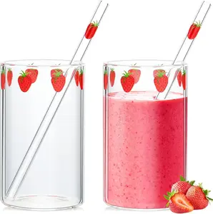 2 Sets Strawberry Cups Nana Strawberry Glass Cup with Straw Glass Tumbler Drinking Cherry Clear Tumbler Berry  Glasses Bottle  Juice Water Milk Coffee (Lovely)
