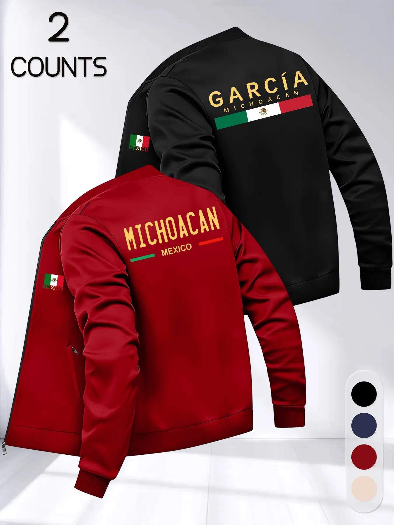 Men's Mexican Michoacan Theme Baseball Jacket Set, Classic Baseball Neck Design, Zip Pockets, Long Sleeve, Fall & Winter Fashion
