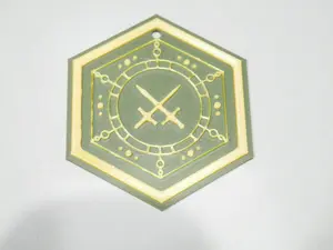 Plastic Veridian House Stylish Keychain - Sleep Token Collectible, Hexagonal Shape with Gold Sword Design