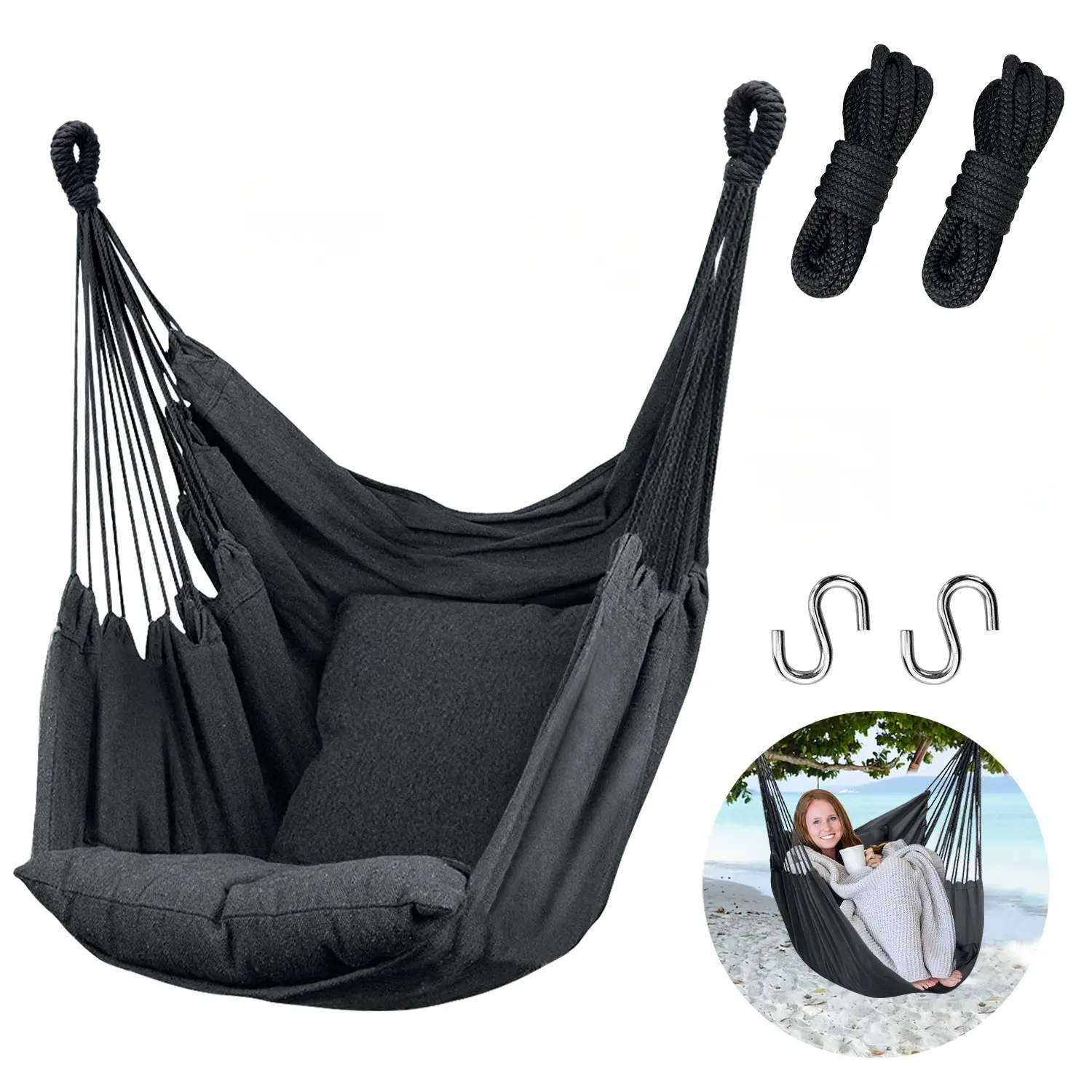 Adjustable Fabric Hammock Chair - Dark Gray Hanging Rope Swing, 300 Lbs Max Capacity, Quality Cotton Weave, 2 Pillows, Side Pocket, for Outdoor Home Patio Use, Bedrooms, Two Pillows