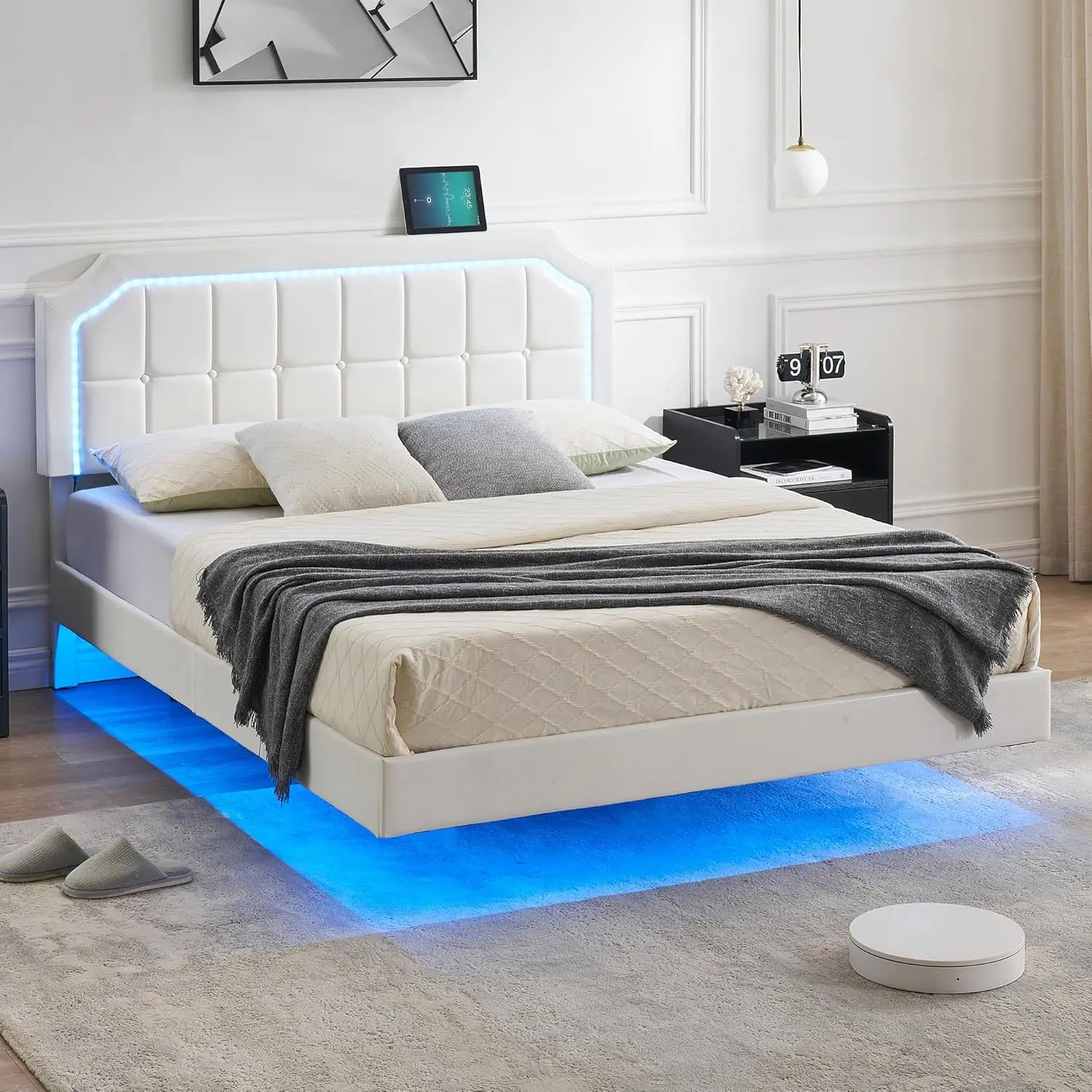 White Queen Size Adjustable Floating Bed Frame - Heavy-Duty Metal Platform, 12 in Underbed Storage, LED Lights, No Box Spring Needed, Easy Assembly, Illuminated Bed Frames, Adjustable Bed Frame