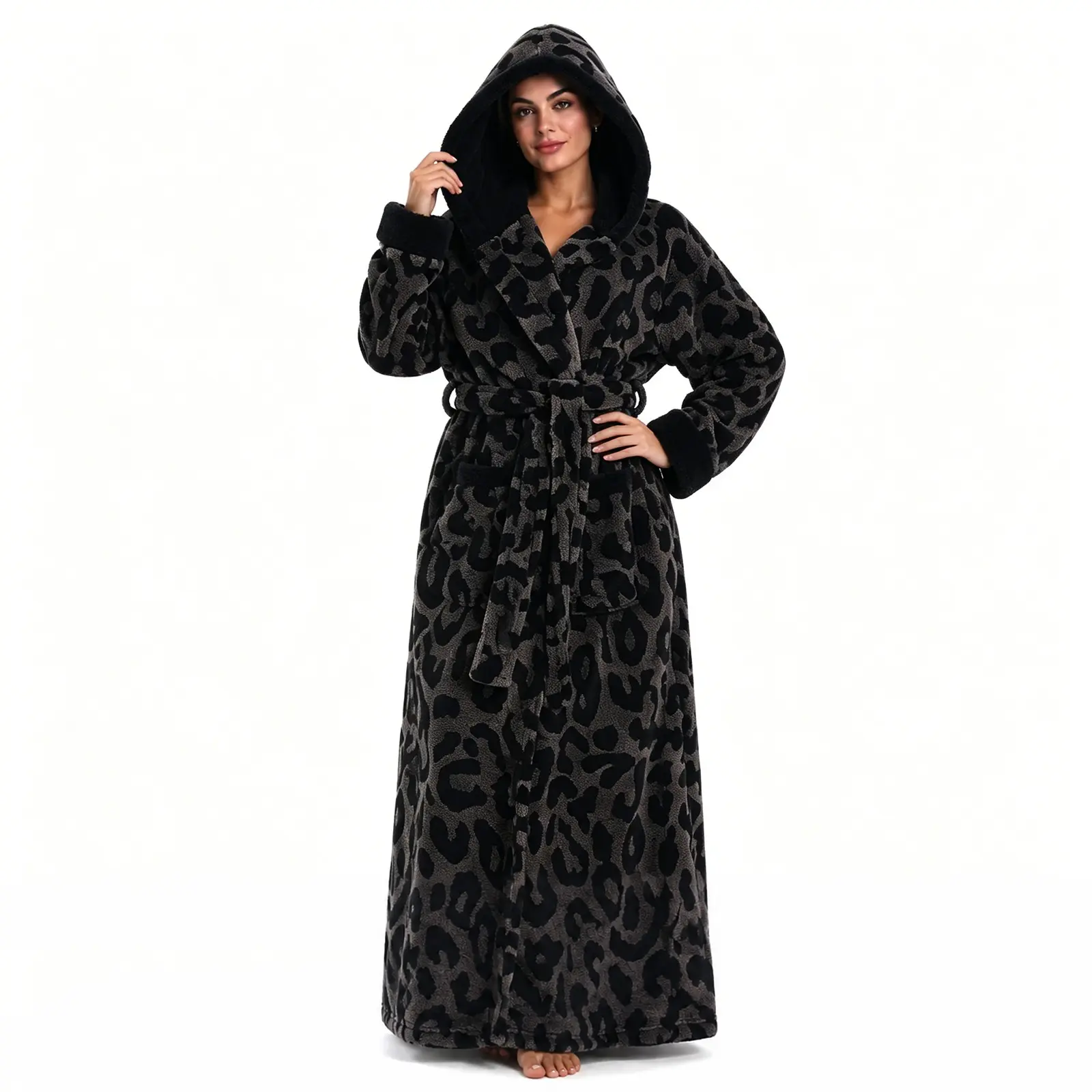 Hooded Wearable Blanket for Women, Leopard Print Plush Wrap with Waist Tie & Pockets, Cozy Full-Length Throw for Sofa, Bedroom, Gift