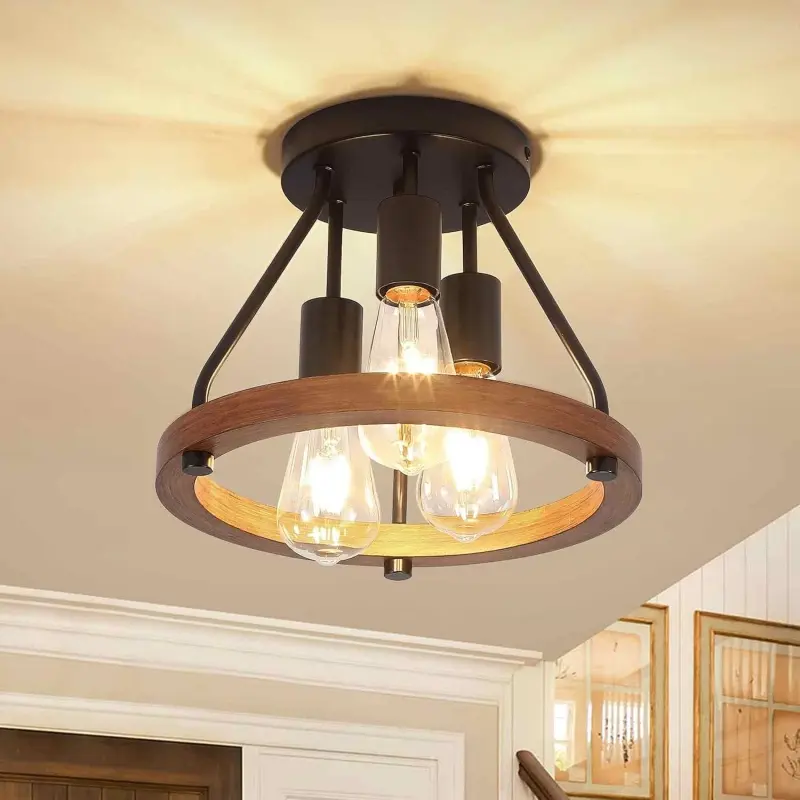 3-Light Modern Farmhouse Wood Semi-Flush Mount Home Ceiling Lighting, Rustic Industrial Fixture with Hard Wire, UL Listed E12 Socket & Quality Craftsmanship for Kitchen, Dining Room