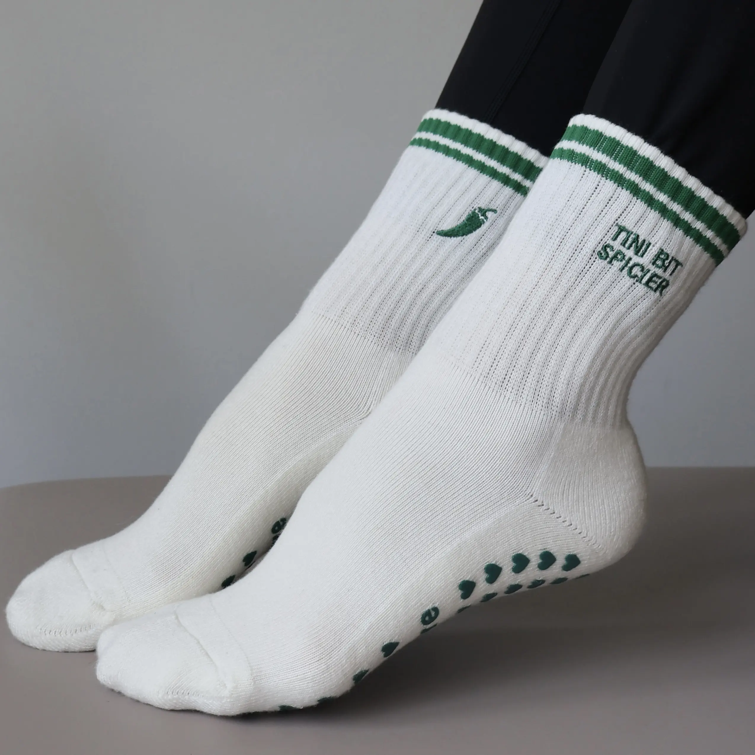 Tini Bit Spicier Grip Socks - Cream & Green - pilates grip socks - sports grip socks