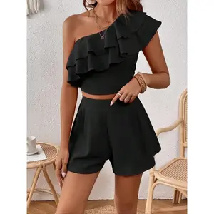 Women's Solid One Shoulder Ruffle Hem Top & Shorts Set, Elegant Fashion Casual Top & Shorts for Daily Outdoor Wear, Ladies Summer Clothes, Cute Summer Outfit, Lounge Shorts Set