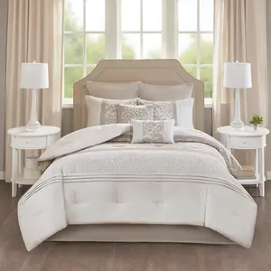 212 MAIN 510 Design 5DS10-0048 Lynda Embroidered King Size Bed Comforter Set - 8-Piece Neutral Soft Microfiber Bed Skirt Bedding Set with Embroidered Detail