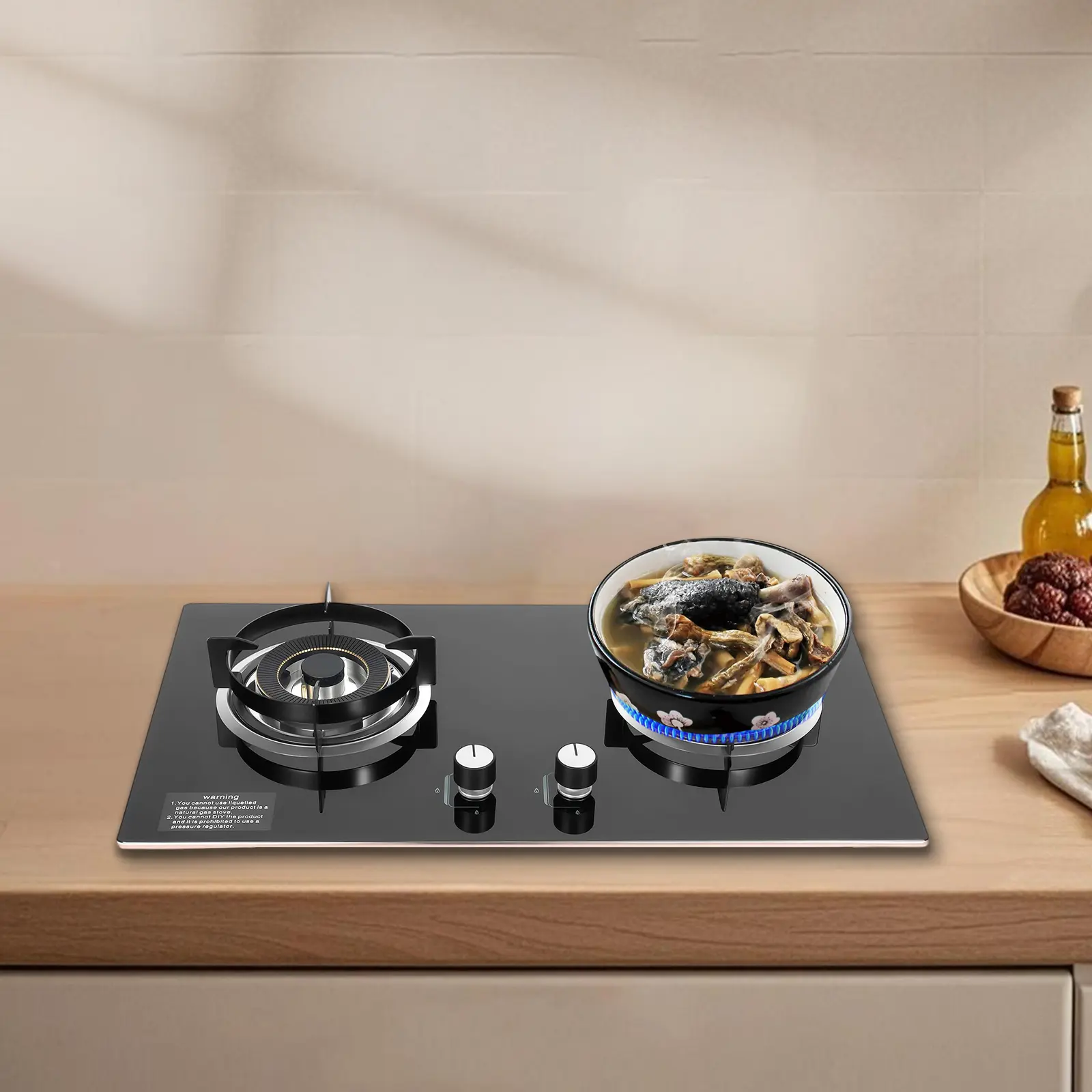 47 In Black Modern Natural Gas Cooktop (Natural Gas Cooker, Stove Burner) with 63% Thermal Efficiency, 42KW High Heat Power, Electronic Ignit, Flameout Protection, Cast Iron, Stainless Steel, Tempered Glass for Home Kitchen Countertop Installation, Gas St