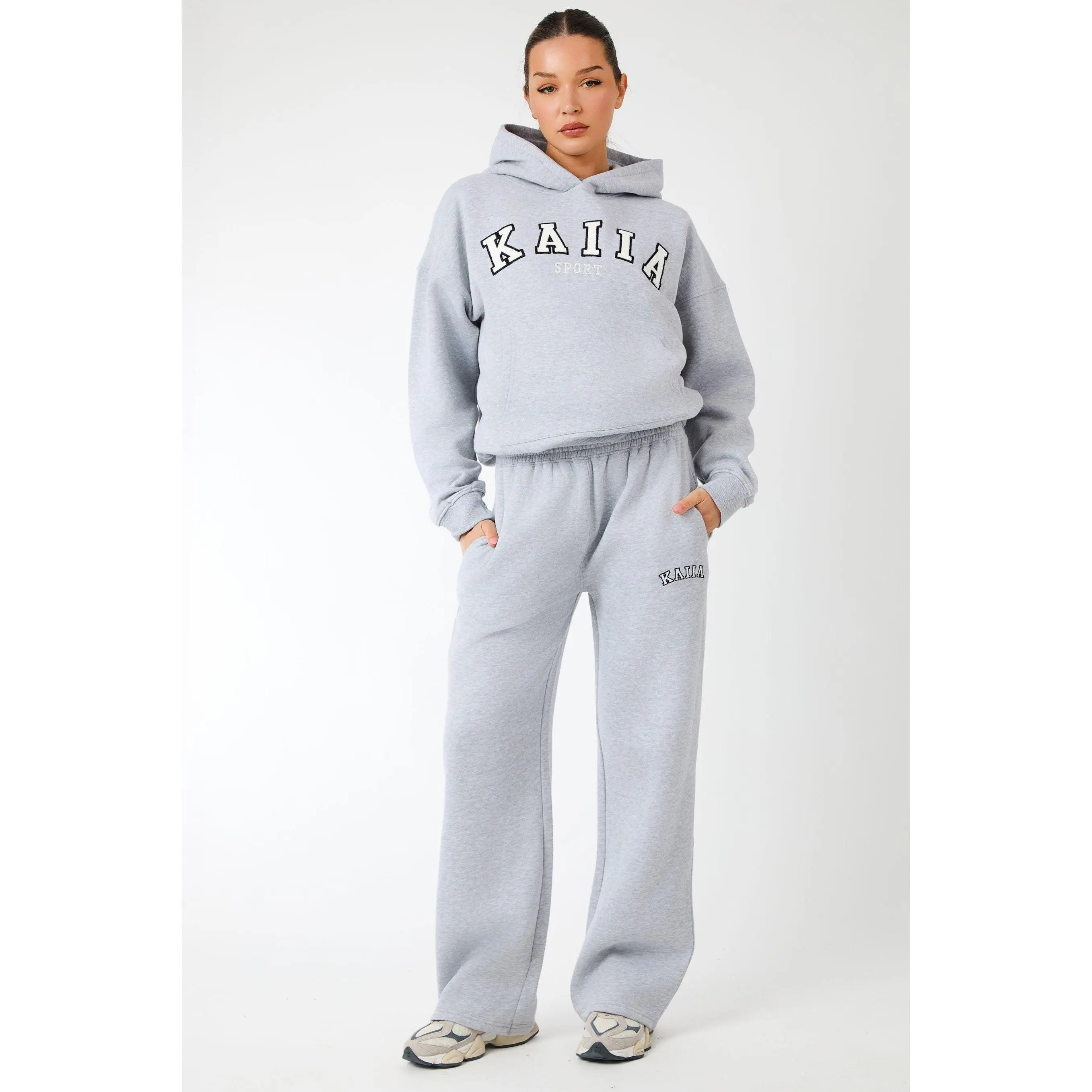 Kaiia Logo Wide Leg Joggers Grey Marl & White