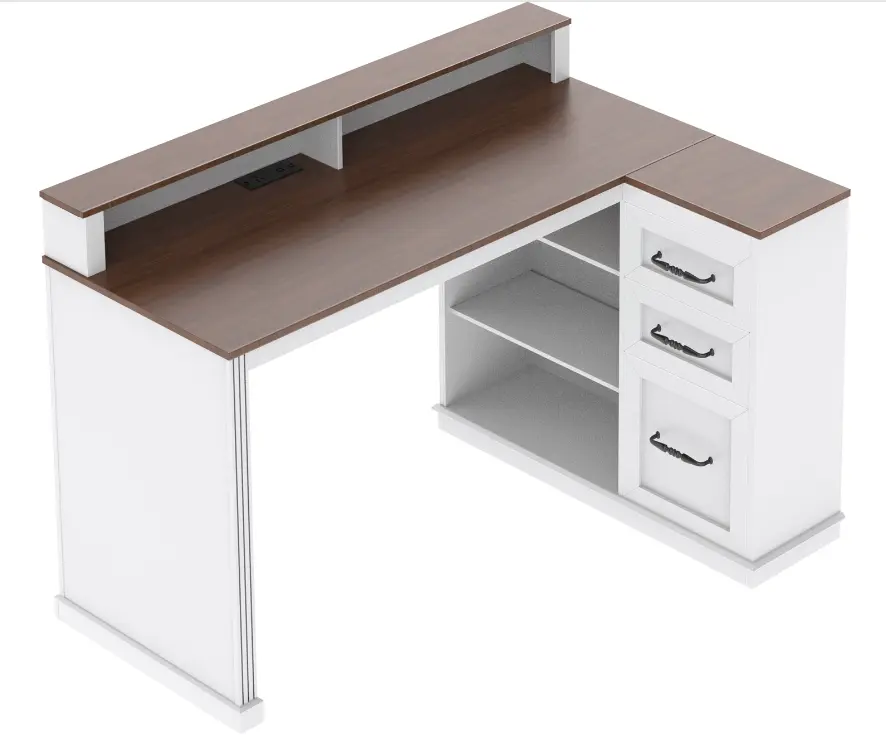 YATINEY Farmhouse Executive Desk, L Shaped Computer Desk with Power Outlets and LED Lights, Home Office Gaming Desk with Drawers and Monitor Stand, for Living Room, White and Walnut #SummerVibes#DealsforYouDays #SummerGarden