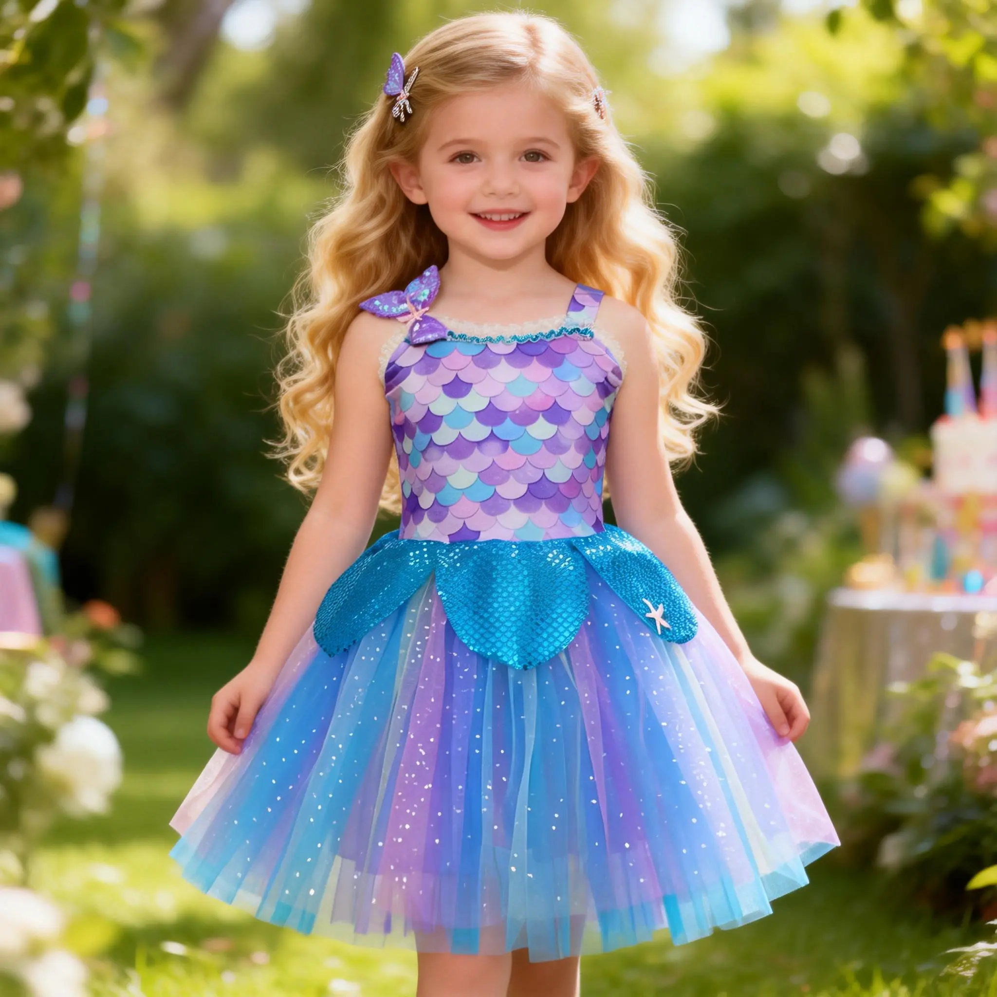 Girls Mermaid Sequin Dress | Aqua & Purple Tulle Skirt with Starfish Accents Birthday Clothes
