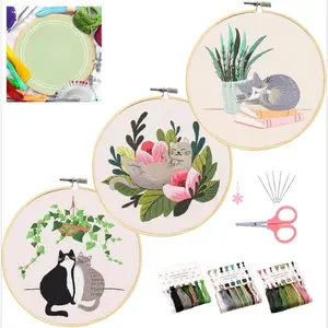 Z-SMA2 3 Pack Embroidery Kit for Beginners with Pattern, Cross Stitch Kits for Adults with Instructions,Needlepoint Kits for Adults Include 1 Embroidery Hoops,Color Threads and Needles(Cat)