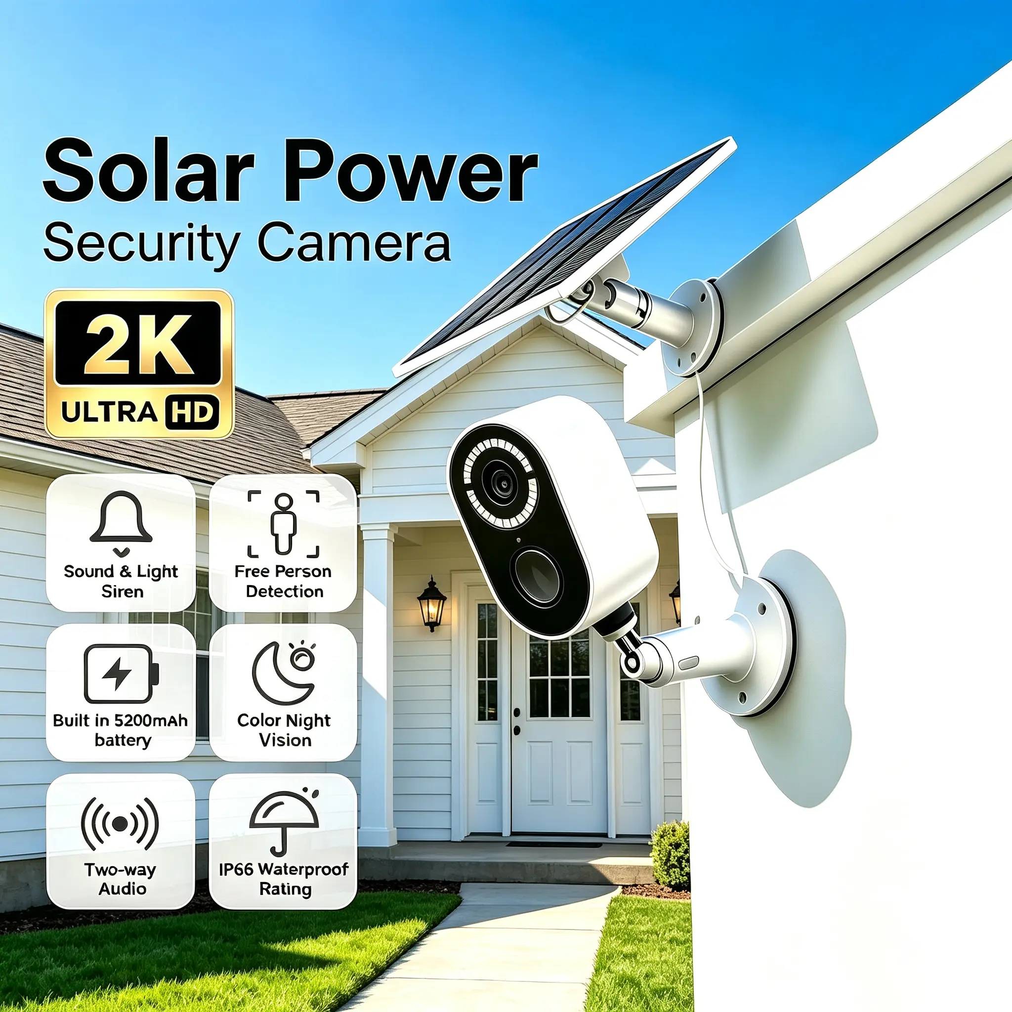 Wireless Solar Powered Outdoor Security Camera, 2K HD WiFi, Spotlight Two-Way Audio, Night Vision AI Motion Detection,Cloud Storage, Easy Install for Home
