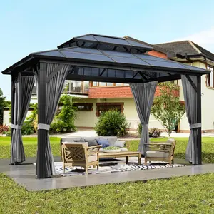 Hardtop Gazebo with Outdoor Polycarbonate Double Roof, Curtains and Netting, Aluminum Frame Sunshade for Patio, Garden & Lawn