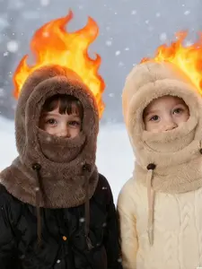 Kids' Winter Balaclava & Neck Warmer Hat, Windproof Thermal Full Face Mask, Soft Plush Material, Ideal for Skiing & Outdoor Activities