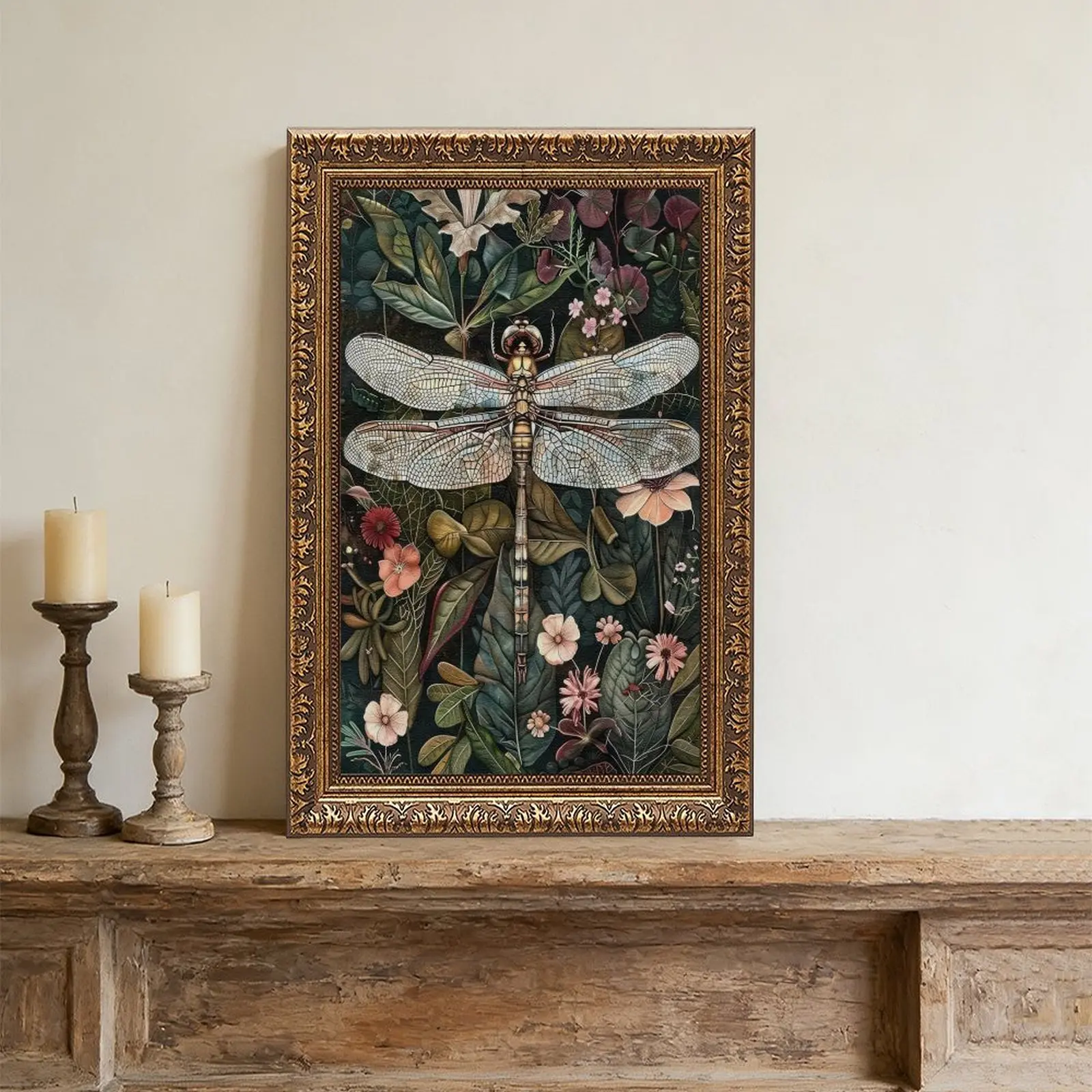 Vintage Textured Wood Wall Art - Dark Green Dragonfly & Flower Hand-Drawn Sandstone Prints, Unique Decor for Living Room Decorations, Bedroom Home Accents