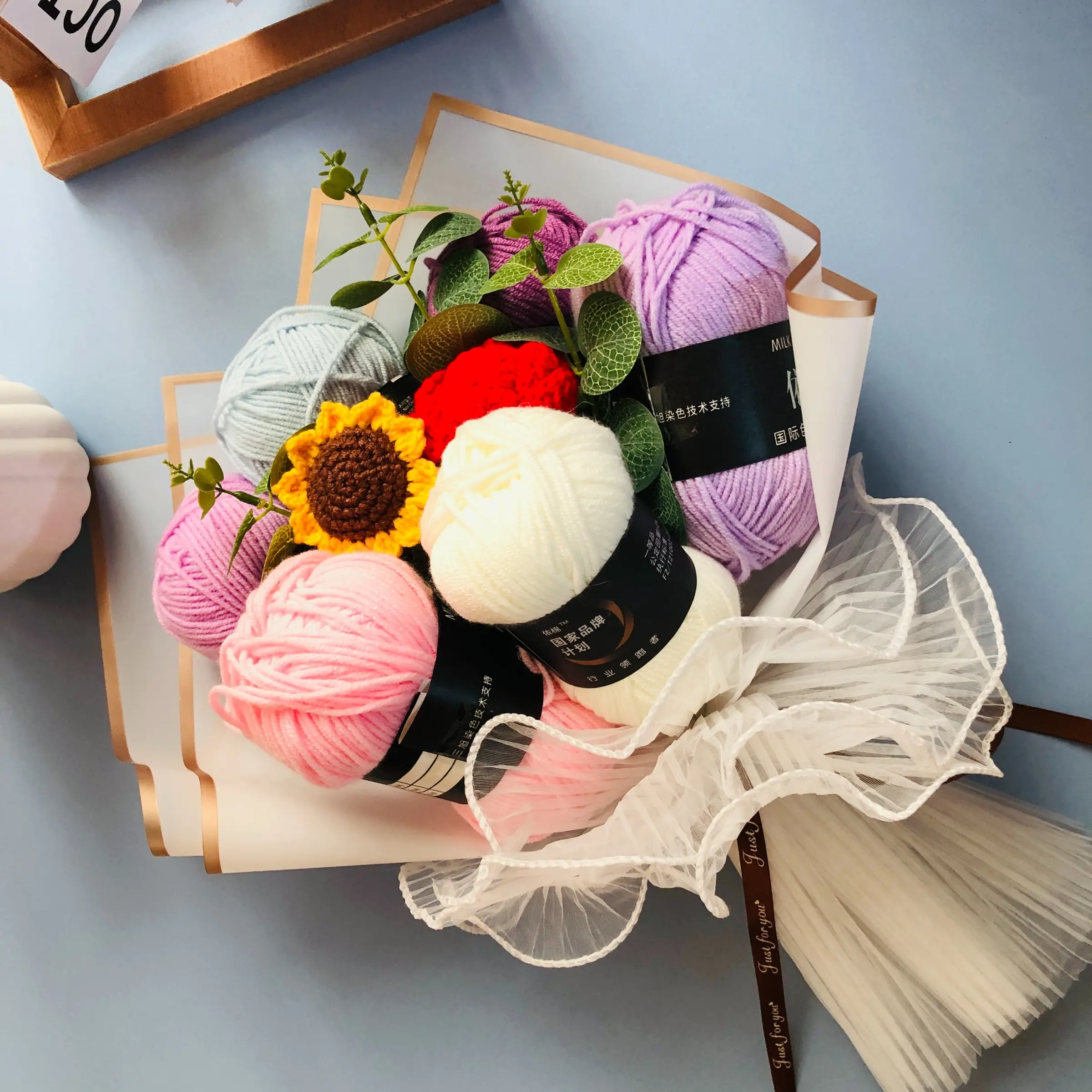 Knitted Bouquet Gift Anniversary Present with Packaging, Themed Gift Box, Hooked Flower Doll DIY Any Favorite Knit Item Christmas Thanksgiving